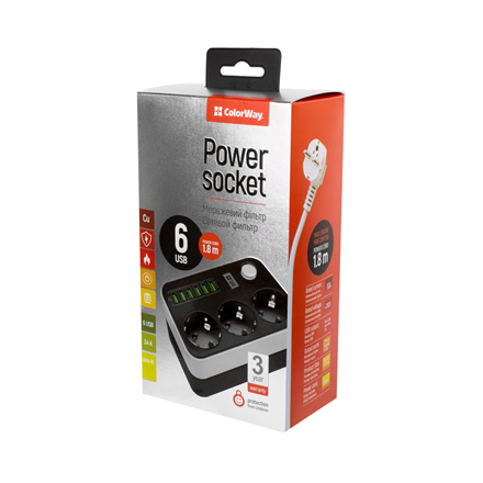 ColorWay Power Socket :3 EU plugs/6USB Blac CW-CHE36B 1.8 m, Black