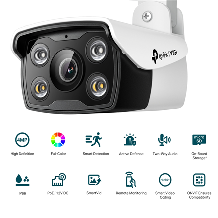 TP-LINK VIGI 4MP Outdoor Full-Color Network Camera VIGI C340 Bullet, 6 mm, IP66, H.265+/H.265/H.264+/H.264,  MicroSD