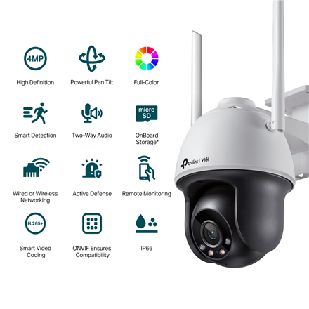 TP-LINK VIGI 4MP Outdoor Full-Color Wi-Fi Pan Tilt Network Camera VIGI C540-W Dome, 4 mm, IP66, H.265+/H.265/H.264+/H.264,  MicroSD