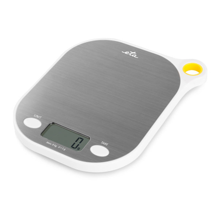 e4a9a30387f4a748b0fdb4f79f836e39.png ETA Kitchen scales Grami ETA377790000 Maximum weight (capacity) 8 kg Graduation 1 g Display type LCD White/Stainless steel